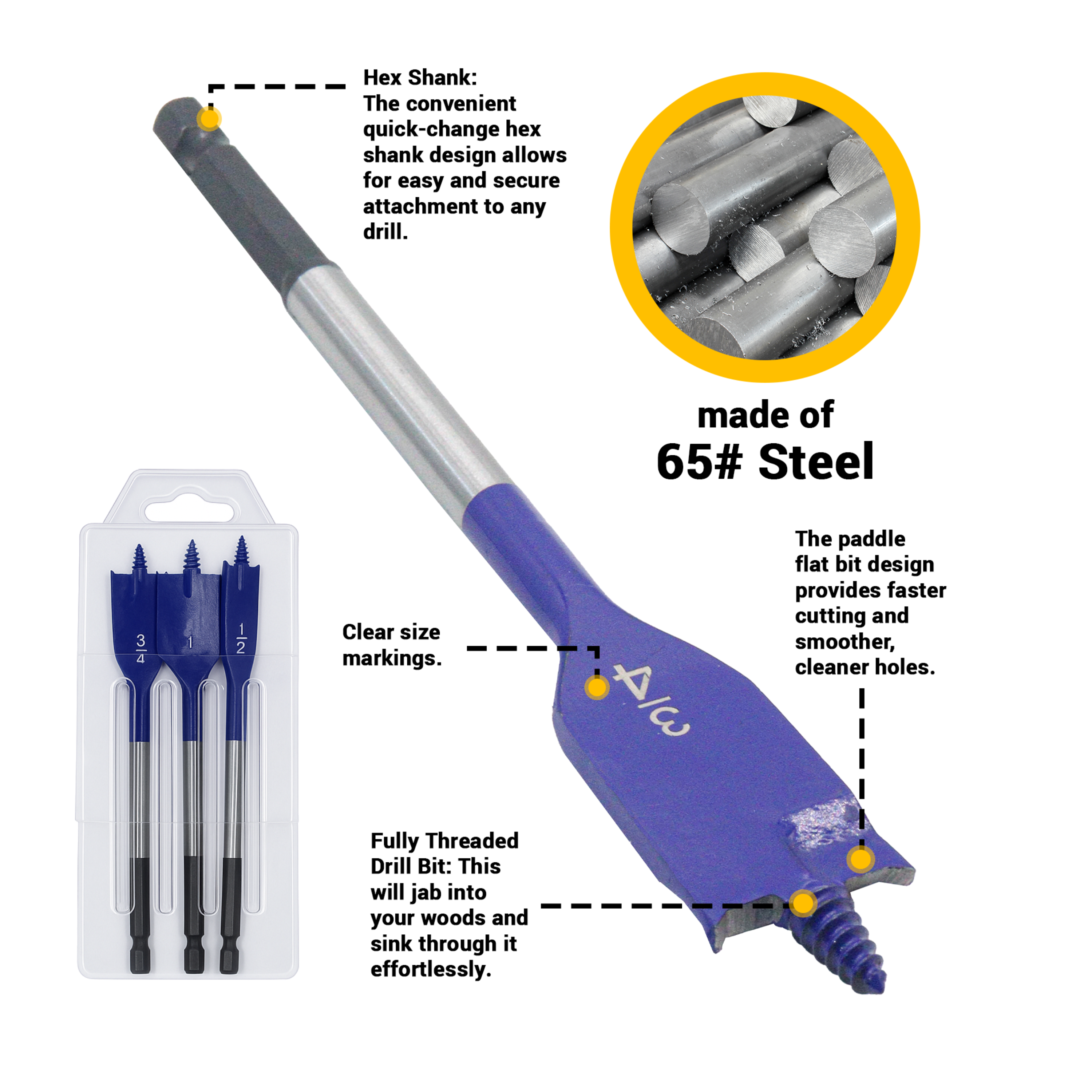 Spade Wood Drill Bit With Self Feeding Screw Point